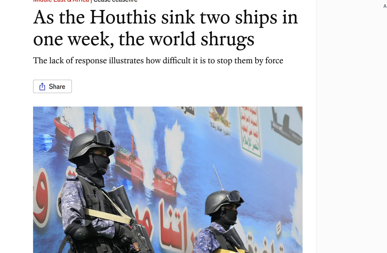 The Economist: "Despite airstrikes and blockade, Yemen sinks ships and terrorizes fleets"
